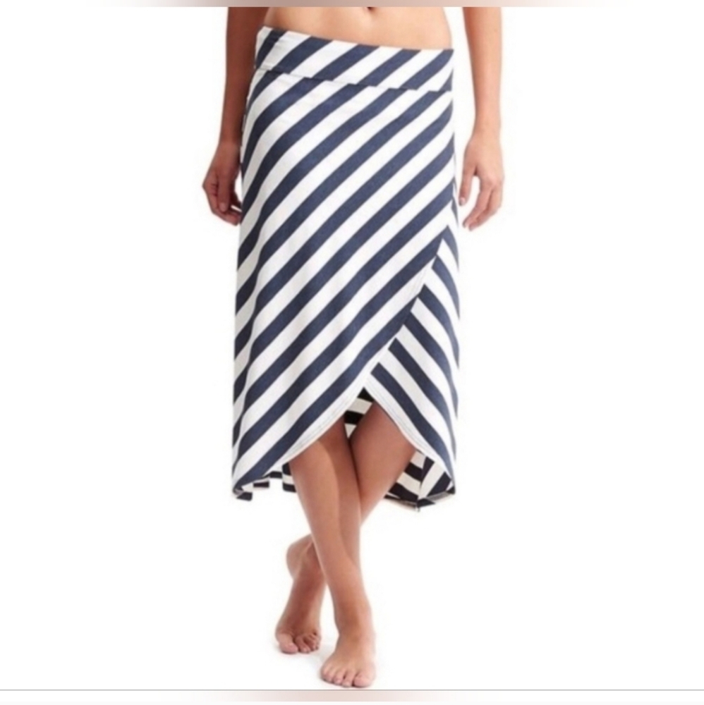 Athleta Small Ribbon Striped Midi Skirt Tulip Faux Wrap White Gray